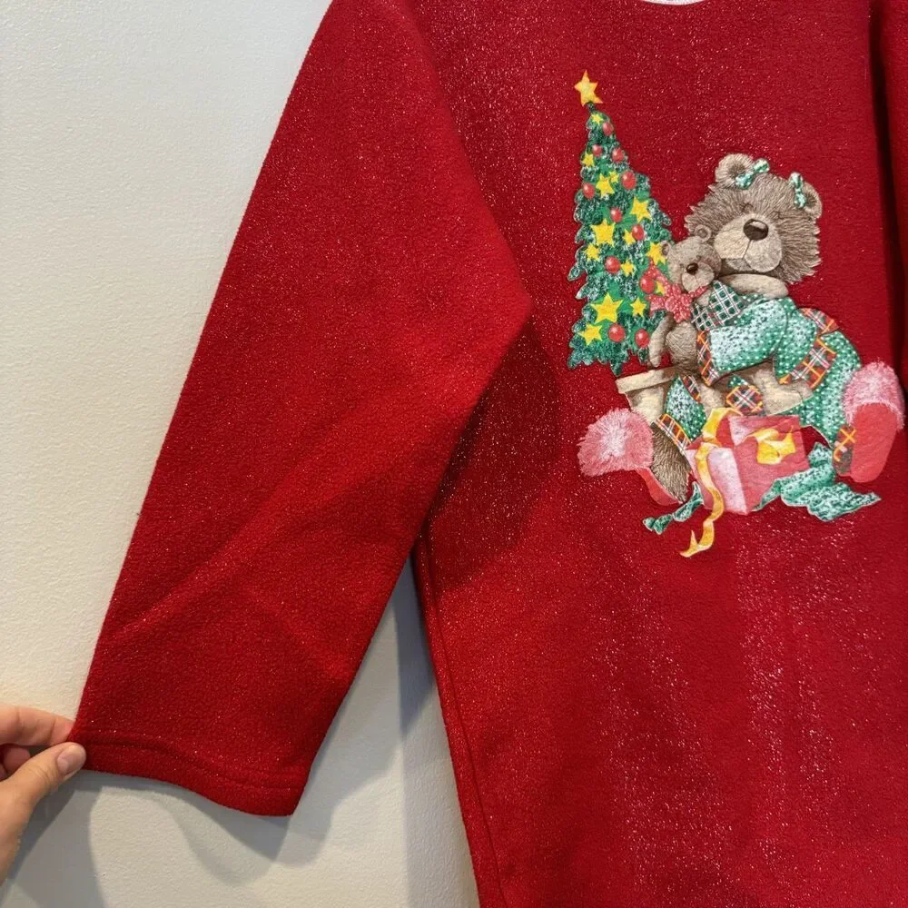 Vintage Christmas Nightgown Teddy Bear Fleece Red Sparkle Y2K Pjs Girls 10/12
